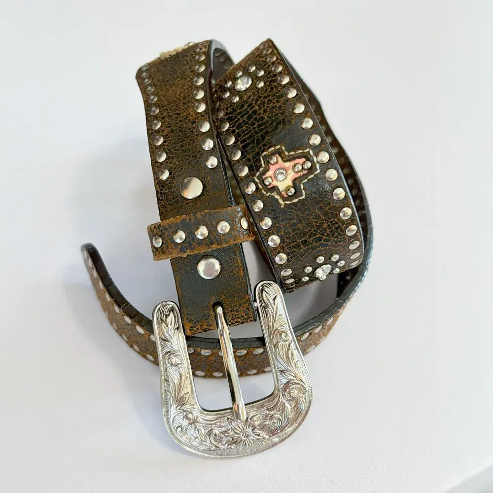 Nocona Girls Leather Western Belt Studded Rhinestone Hearts Cross Studs Brawn 22